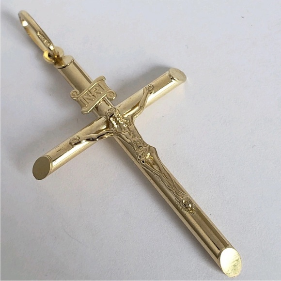 Real 10k Yellow Gold INRI Jesus Crucifix tube Cross Pendant 2.15 inches long